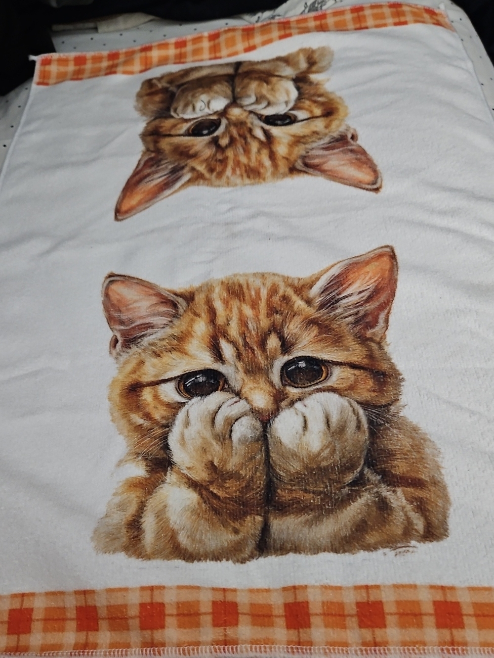 Cat's Face And Paws White Cotton Tea Towel Orange Plaid Trim